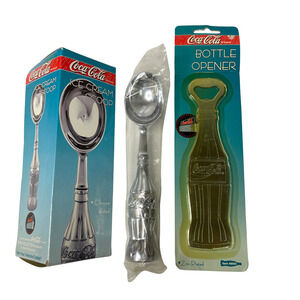 Bundle of 2 Vtg 1995 7" Coca-Cola Bottle Opener and 8" Chrome Ice Cream Scoop